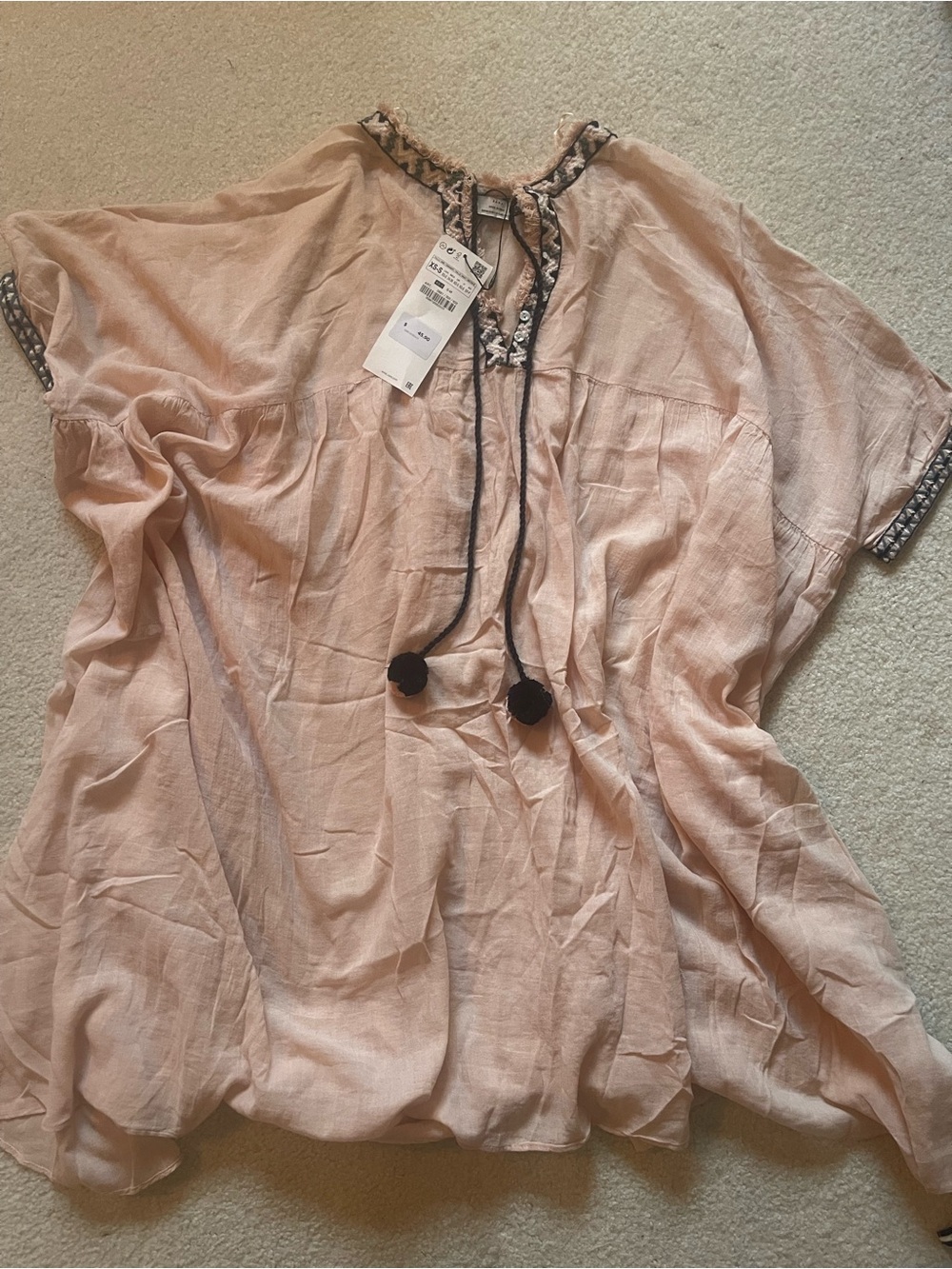Zara Blush Pink Flowing Swim Coverup with Pom Tie